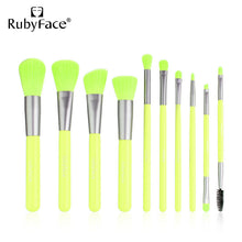 Load image into Gallery viewer, 10-Piece Makeup Brush Set - Pink, Green, and Yellow Cosmetic Brushes