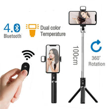 Load image into Gallery viewer, Selfie Stick Tripod Bluetooth Samsung/ iPhone/IOS/Android with FILL LIGHT  360° Rotation