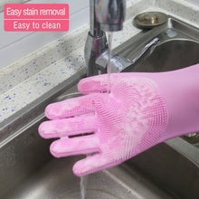 Load image into Gallery viewer, Magic Saksak Dishwashing Cleaning Sponge Gloves,1 Pair Reusable Silicone Brush Scrubber Gloves Heat Resistant for Dish washing, Kitchen Bathroom Cleaning, Pet Bathing, Car Washing. 2PACK (13.6" Large)