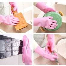 Load image into Gallery viewer, Magic Saksak Dishwashing Cleaning Sponge Gloves,1 Pair Reusable Silicone Brush Scrubber Gloves Heat Resistant for Dish washing, Kitchen Bathroom Cleaning, Pet Bathing, Car Washing. 2PACK (13.6" Large)