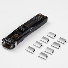 Load image into Gallery viewer, Mini Push Stapler Pack with 8pcs Reusable Refill Clip, Black Stapler Paper Clip Dispenser, Office Supply Kit Binder Clips with 40 Sheets Paper Capacity for Document Tax