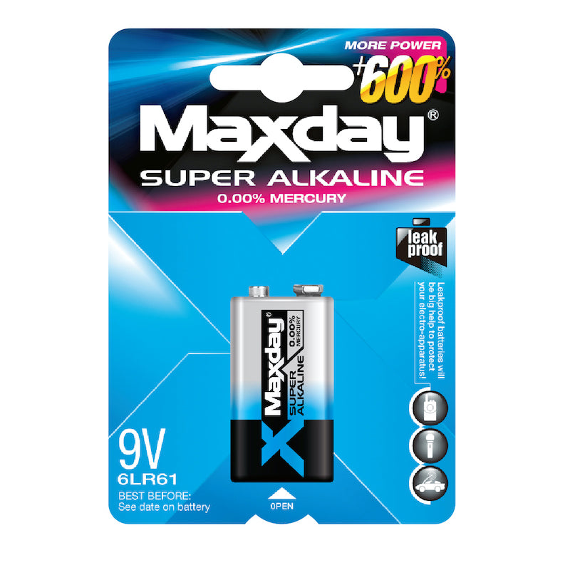 Maxday 9V Alkaline Battery Power+600% 6LR61 Leak Proof 12pcs – Yep Plaza