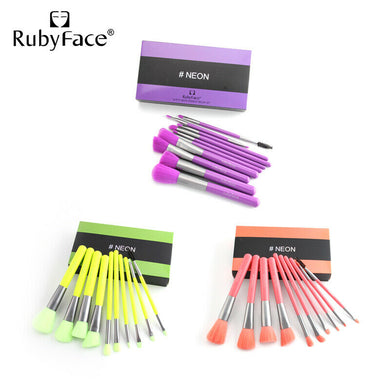 10-Piece Makeup Brush Set - Pink, Green, and Yellow Cosmetic Brushes