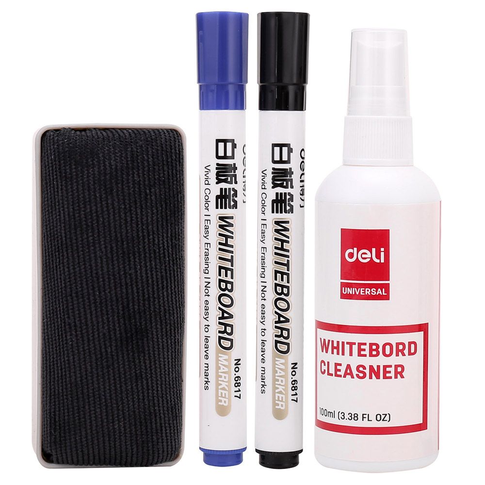 Dry Erase Marker Starter Set, Bullet Tip, Black & Blue, Whiteboard Eraser, Cleaning Spray